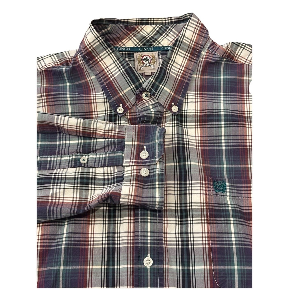 Mens XL Cinch Blue Green Red Plaid Western Cotton‎ Button Up Long Sleeve Shirt